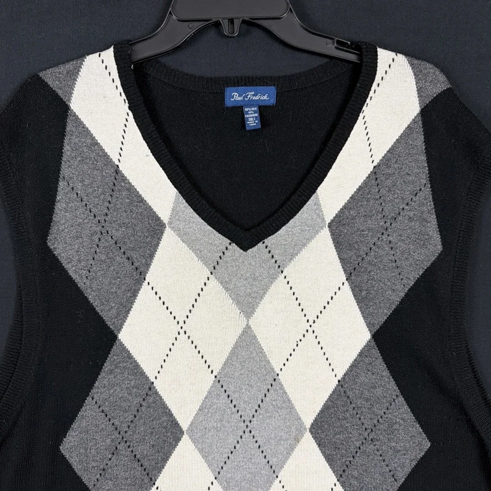 Paul Frederick Sweater Vest Silk Cashmere  V-Neck Sz 3XLT Black & White Argyle